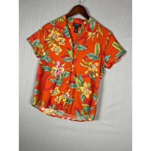 Lauren Ralph Lauren Shirt Womens PS Orange Floral Linen Button Down Tropical P/S